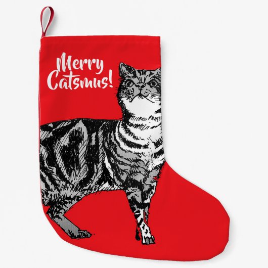 Tabby Cat Merry Catsmus Red Christmas Strumpf Kleiner Weihnachtsstrumpf (Vorderseite)