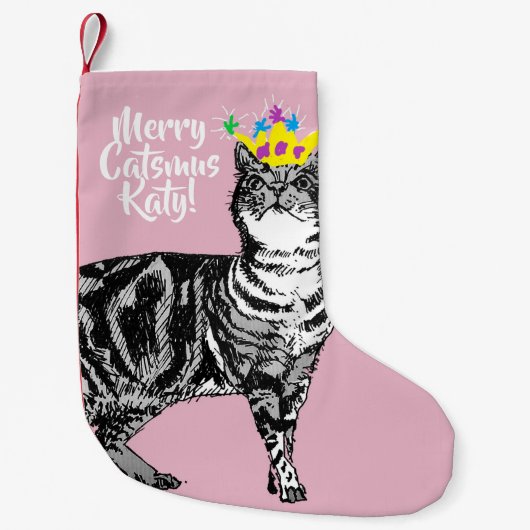 Tabby Cat Merry Catsmus Rosa Weihnachten Strumpf Kleiner Weihnachtsstrumpf (Vorderseite)