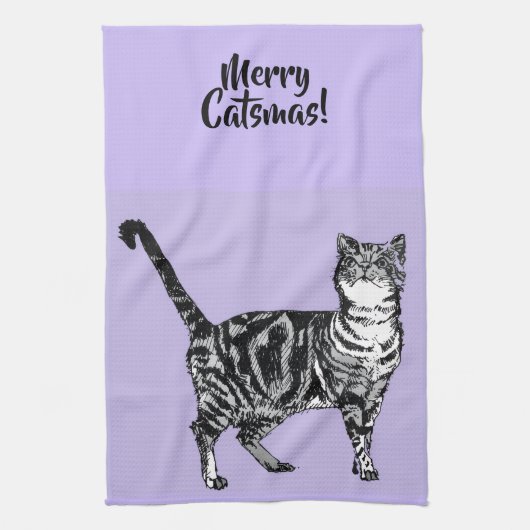 Tabby Cat Merry Christmas Purple Lavender Pastel Geschirrtuch (Vertikal)