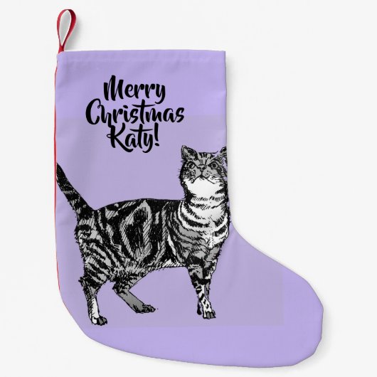 Tabby Cat Merry Christmas Purple lavender Stocking Kleiner Weihnachtsstrumpf (Vorderseite)