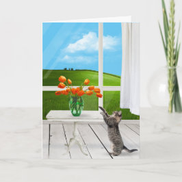 Tabby Cat mit Orange Tulip Bouquet Karte