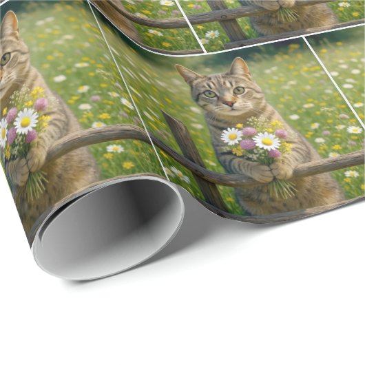 Tabby Cat mit Wildblume Bouquet Geschenkpapier (Rolleneckpunkt)
