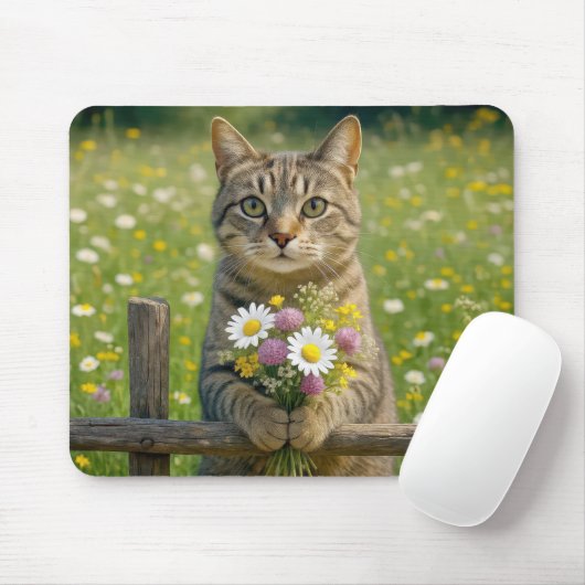 Tabby Cat mit Wildblume Bouquet Mousepad (Mit Mouse)