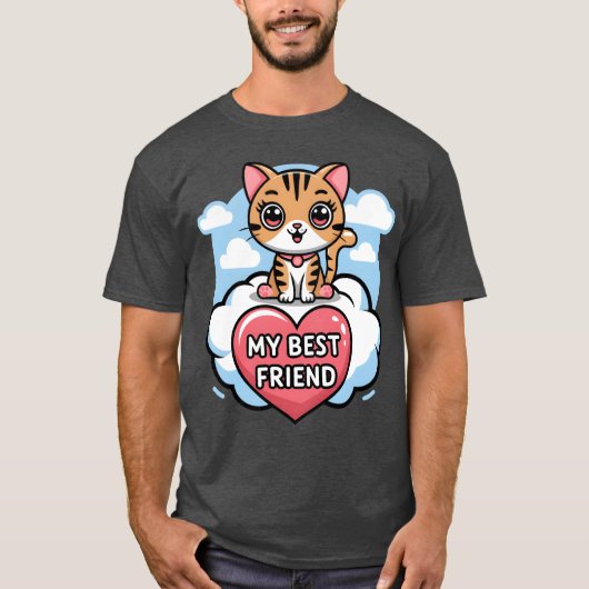 Tabby Cat My Best Friend Heart and Clouds Design T-Shirt (Vorderseite)