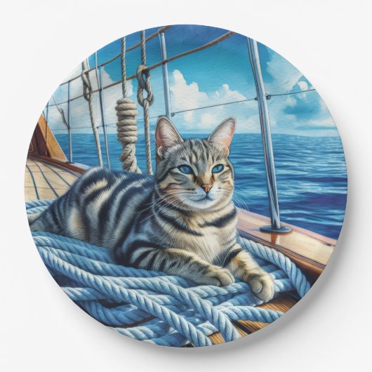 Tabby Cat On Boat Ropes Pappteller (Vorderseite)