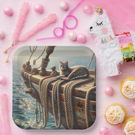 Tabby Cat On Nautical Ropes Pappteller (Party)