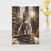 Tabby Cat On Old Books Karte (Gelbe Blume)