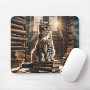 Tabby Cat on Old Library Books Mousepad