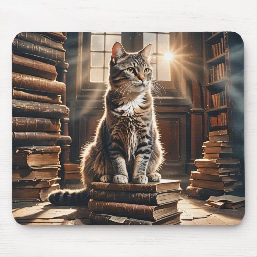 Tabby Cat on Old Library Books Mousepad (Vorne)