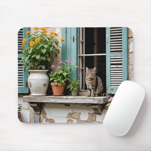 Tabby Cat On Old Window Ledge Mousepad (Mit Mouse)