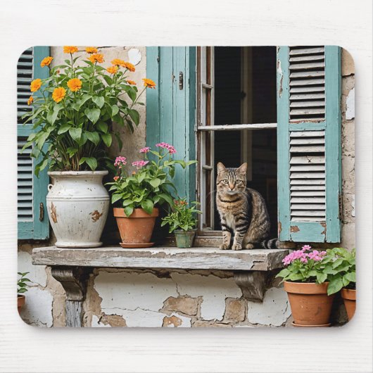 Tabby Cat On Old Window Ledge Mousepad (Vorne)