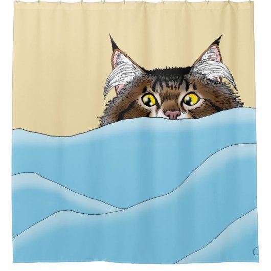 Tabby Cat Peeking Blue Funny Duschvorhang (Vorderseite)