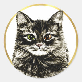 Tabby Cat Pencil Künstler Zeichnete Gold Frame Gef Runder Aufkleber
