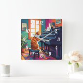 Tabby Cat Piano Quadratische Wanduhr (Zuhause)