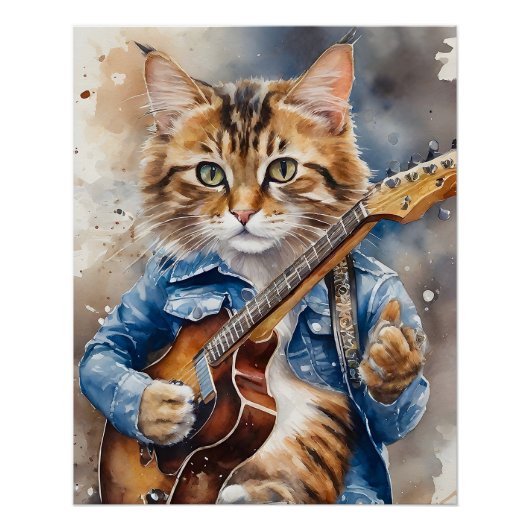 Tabby Cat Rock Star Gitarre spielen Poster (Vorderseite)