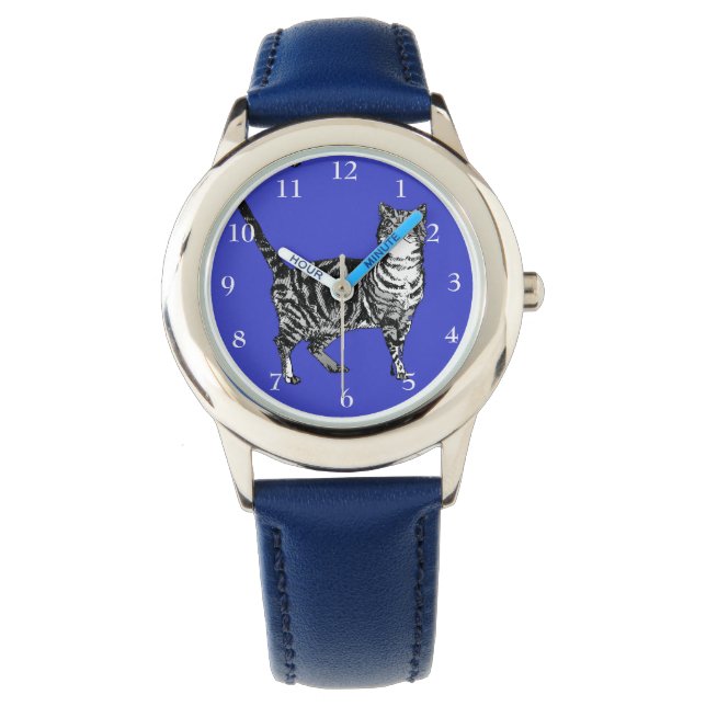 Tabby Cat Schwarz-weiß Katzen Niedliche blaue Navy Armbanduhr (Vorderseite)