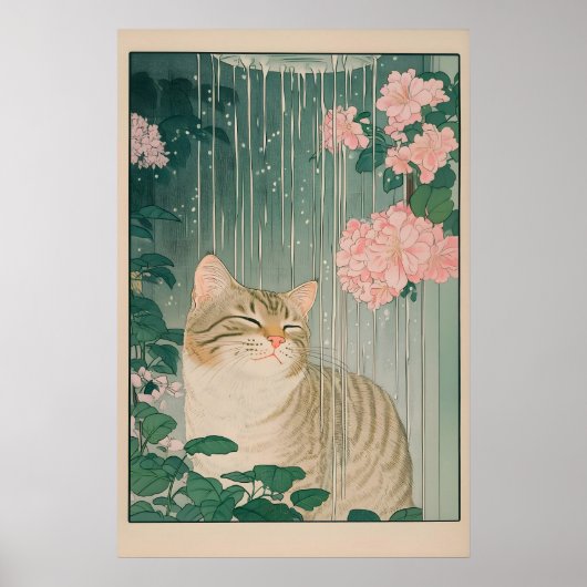 Tabby Cat Shower Print Ukiyo-e Botanical Bathroom Poster (Vorne)