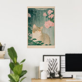 Tabby Cat Shower Print Ukiyo-e Botanical Bathroom Poster (Heimbüro)