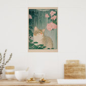 Tabby Cat Shower Print Ukiyo-e Botanical Bathroom Poster (Küche)
