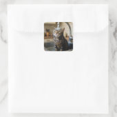 Tabby Cat Under a Kitchen Faucet Quadratischer Aufkleber (Tasche)