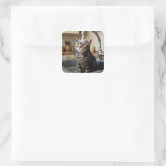 Tabby Cat Under a Kitchen Faucet Quadratischer Aufkleber (Tasche)