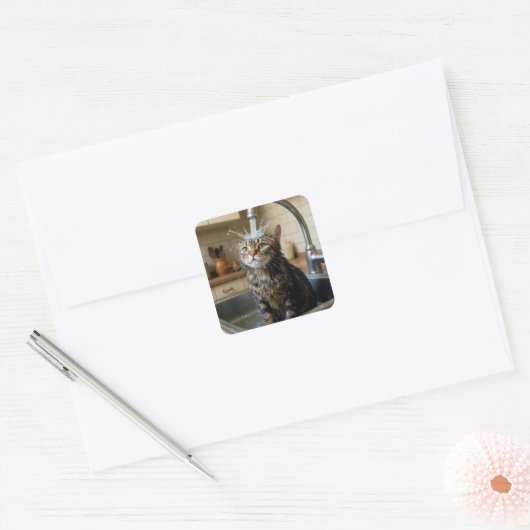 Tabby Cat Under a Kitchen Faucet Quadratischer Aufkleber (Umschlag)