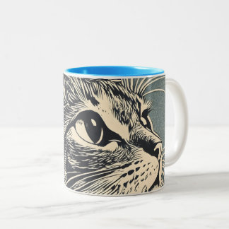 Tabby Cat Vintag Lino Print Zweifarbige Tasse
