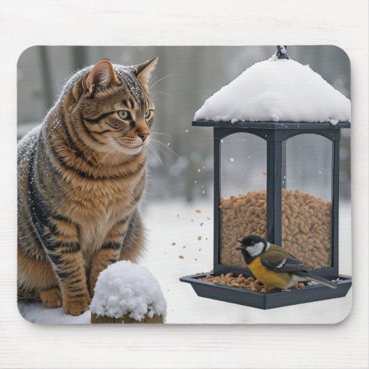 Tabby Cat Watching a Bird On a Feeder Mousepad (Vorne)