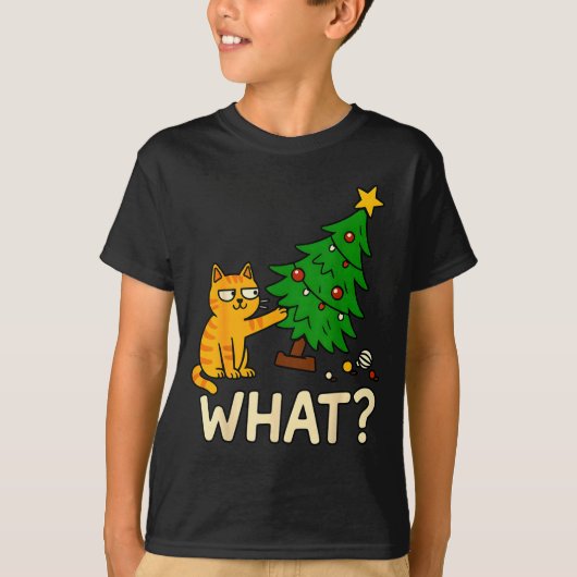 Tabby Cat Xmas Cat Pushing Christmas Tree Over Cat T-Shirt (Vorderseite)