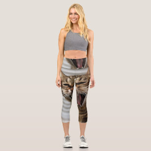 Tabby Cat Yawning Artistic Portrait Capri Leggings