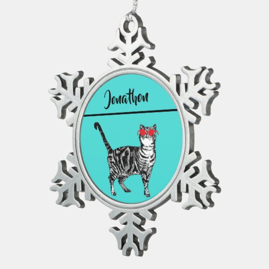 Tabby Cats 'One Cool Cat' Aqua Boys Schneeflocken Zinn-Ornament (Rechts)