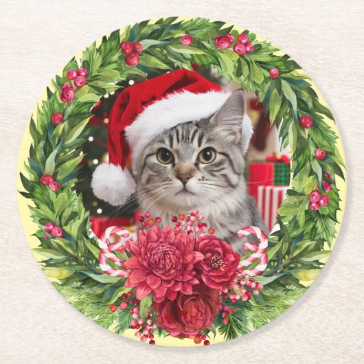Tabby Christmas Wreath Coaster Runder Pappuntersetzer (Vorderseite)
