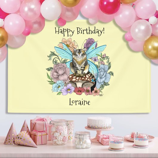 Tabby Fairy Cat Mushroom Floral Banner
