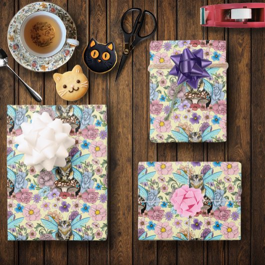 Tabby Fairy Cat Mushroom Floral Geschenkpapier Set