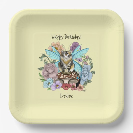 Tabby Fairy Cat Mushroom Floral Pappteller (Vorderseite)