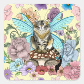 Tabby Fairy Cat Mushroom Floral Quadratischer Aufkleber (Vorderseite)