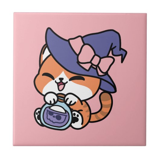 Tabby Hexentrank – Süßes Halloween-Katzendesign Fliese (Vorderseite)