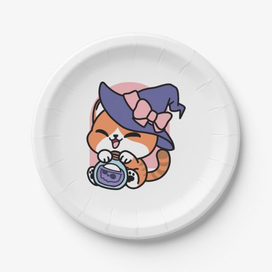Tabby Hexentrank – Süßes Halloween-Katzendesign Pappteller (Vorderseite)