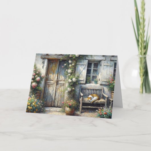 Tabby-Katze auf der alten Bank Karte (Vorderseite)