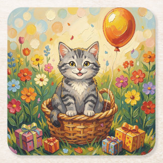 Tabby-Katze & Blumen | Alles Gute zum Geburtstag M Rechteckiger Pappuntersetzer