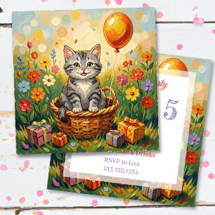 Tabby-Katze & Blumen Mädchen-Geburtstagsfeier Einladung