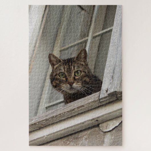 Tabby Katze, die dich vom Fenster aus beobachtet Puzzle (Vertikal)
