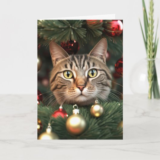 Tabby-Katze in einem Weihnachtsbaum Feiertagskarte (Vorderseite)
