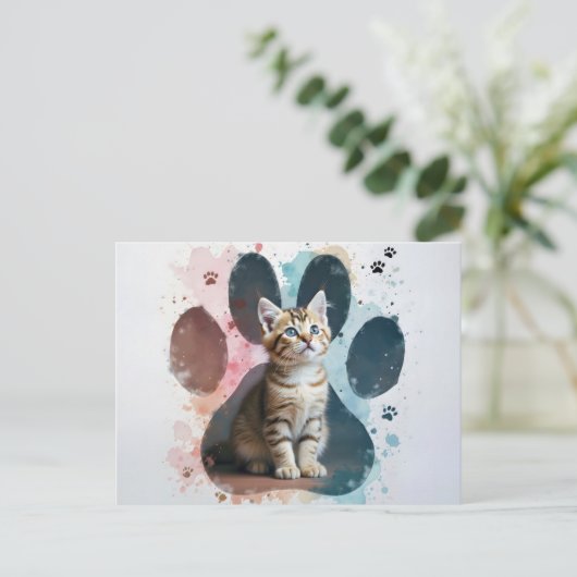 Tabby-Katze in Form einer Paw-Print Postkarte (Stehend Vorderseite)