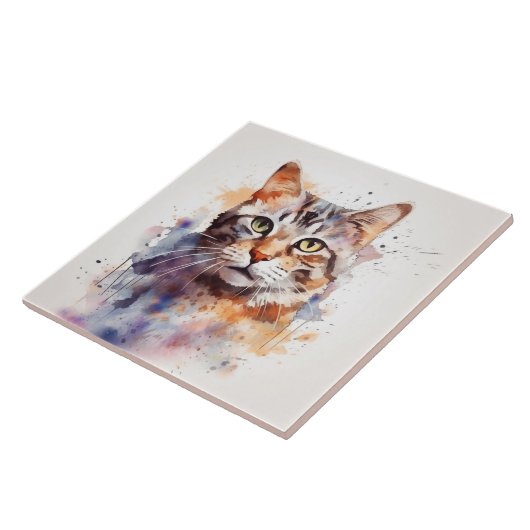 Tabby Katze mit grünen Augen, Wasserfarbe für Haus Fliese (Seite)