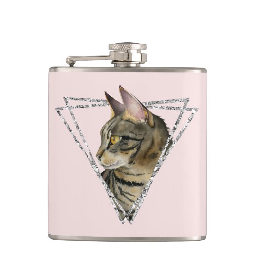 Tabby-Katze mit silbernem geometrischem Glitzer Flachmann (Vorderseite)