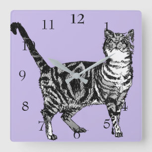 Tabby Katzen Art Tierpastel Lila Lavendel Quadratische Wanduhr