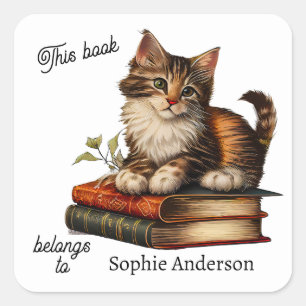 Tabby-Katzen-Kätzchen 2 auf Vintage-Büchern Besitz Quadratischer Aufkleber