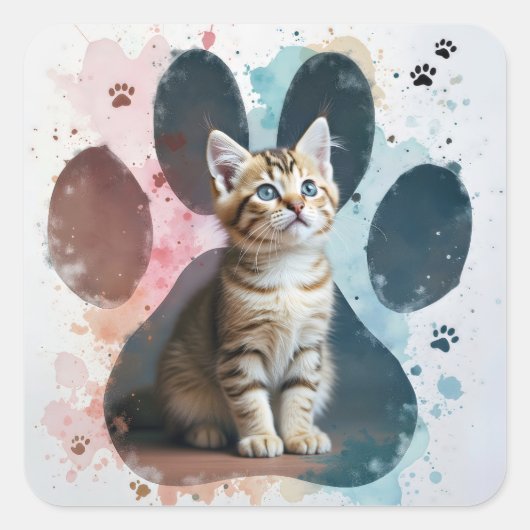 Tabby Kitten in Aquarellfarben Print Quadratischer Aufkleber (Vorderseite)