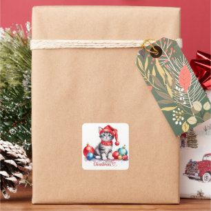 Tabby Kitten in Weihnachtsmannmütze Frohe Weihnach Quadratischer Aufkleber